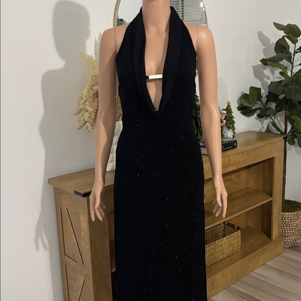 Vintage Betsy & Adam Sparkly Deep‎ V-Neck Halter Bodycon Dress Size 8